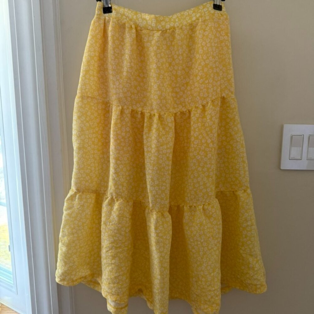 H&M Divided Maxi Lined Tiered Skirt Womens 6 Boho Yellow Floral Cottage Core